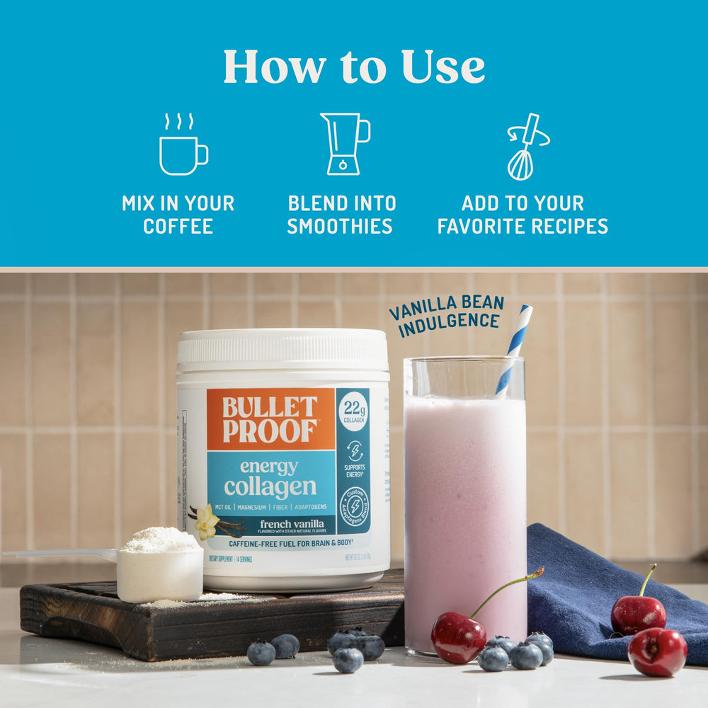Bulletproof Energy Collagen label on bottle shows keto-friendly nutrition at a glance
