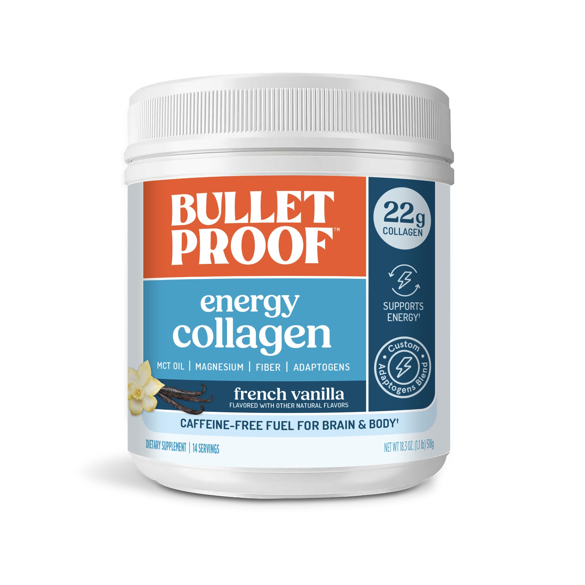 Bulletproof Energy Collagen Vanilla Bean powder in a jar for daily energy support
