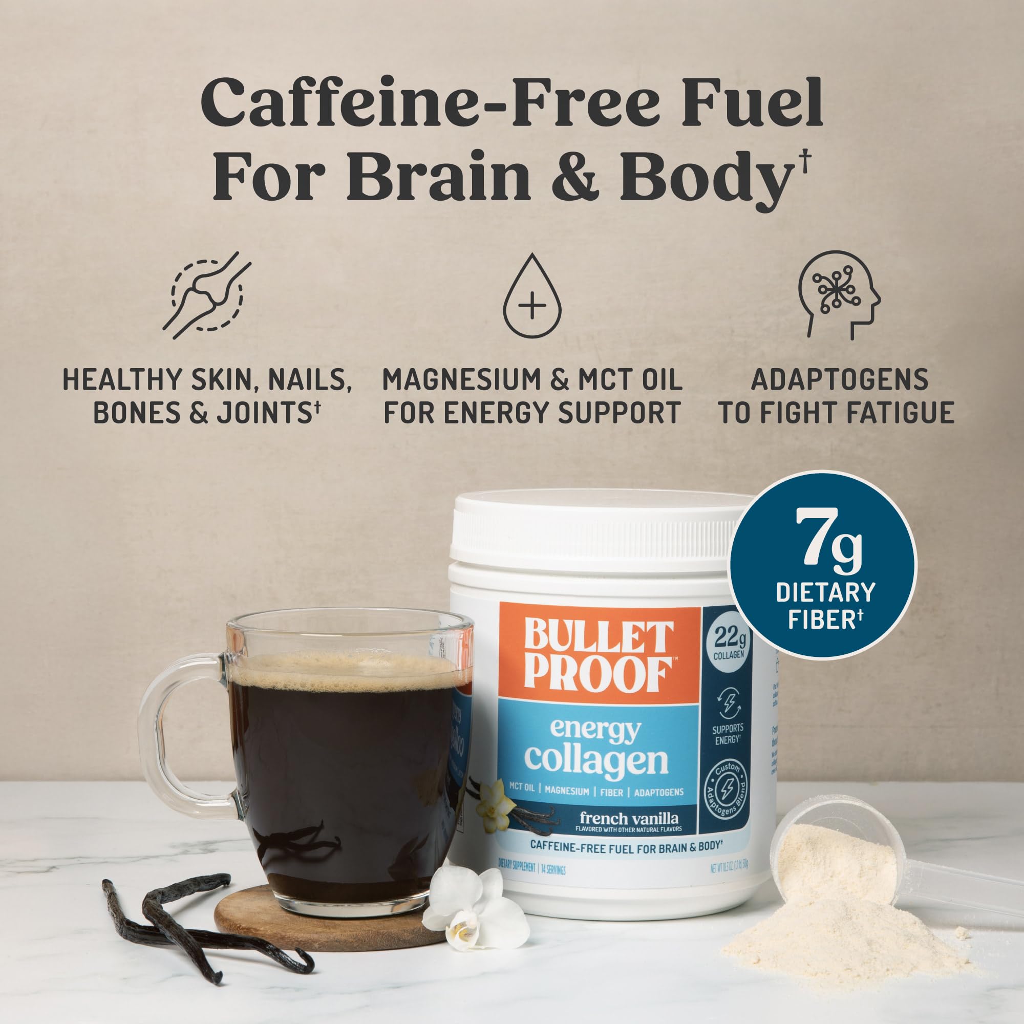 Bulletproof Vanilla Bean mix beside a mug for caffeine-free beverage options