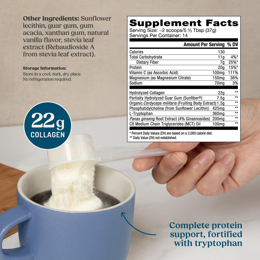 Bulletproof Energy Collagen Vanilla Bean powder dissolving easily in a drink