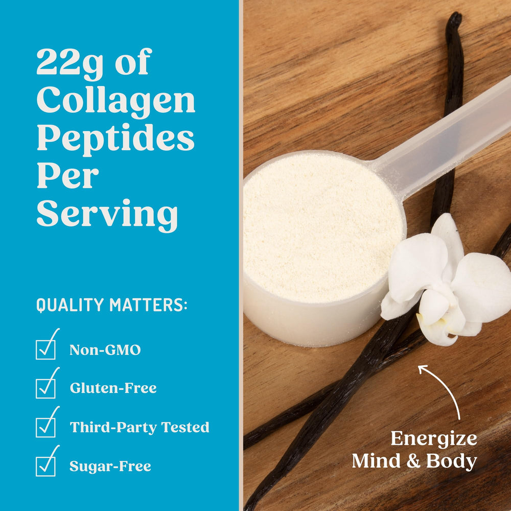 Bulletproof Energy Collagen Vanilla Bean powder near a spoon with fiber