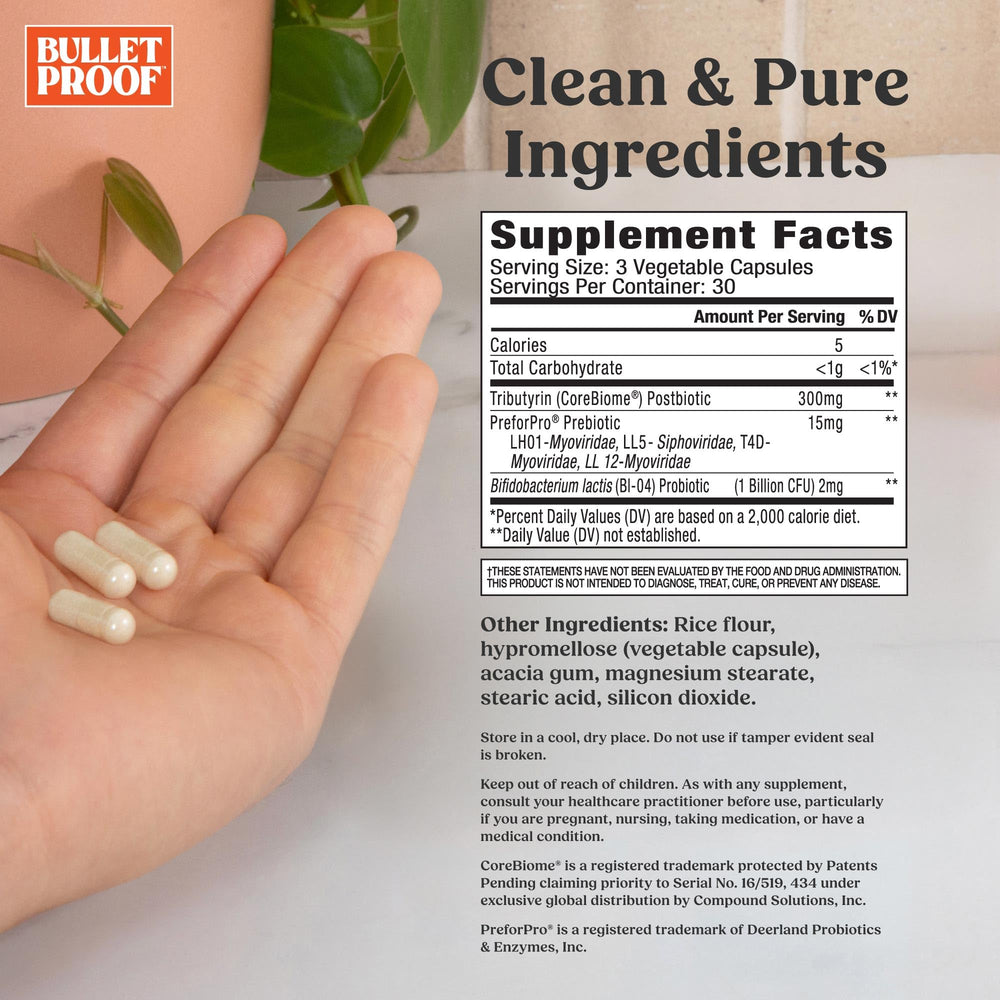 Bulletproof Express 3-in-1 postbiotic formula for rapid gut comfort.