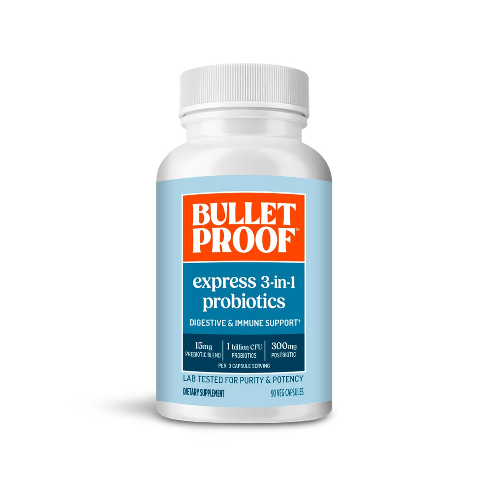 Bulletproof Express probiotic capsules for gut balance and daily support.