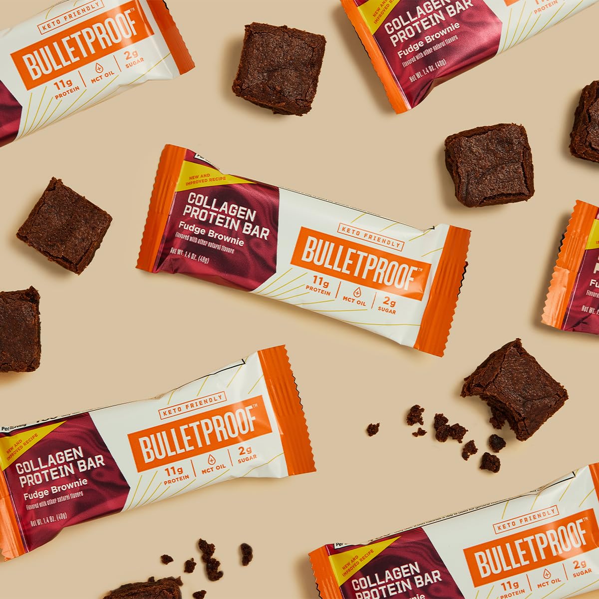 Bulletproof Fudge Brownie Collagen Bar on-the-go pack ideal for busy days.