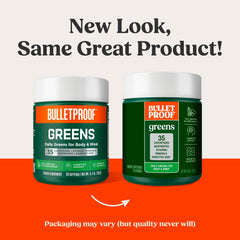 Bulletproof Greens label close-up showing ingredients and sugar-free taste