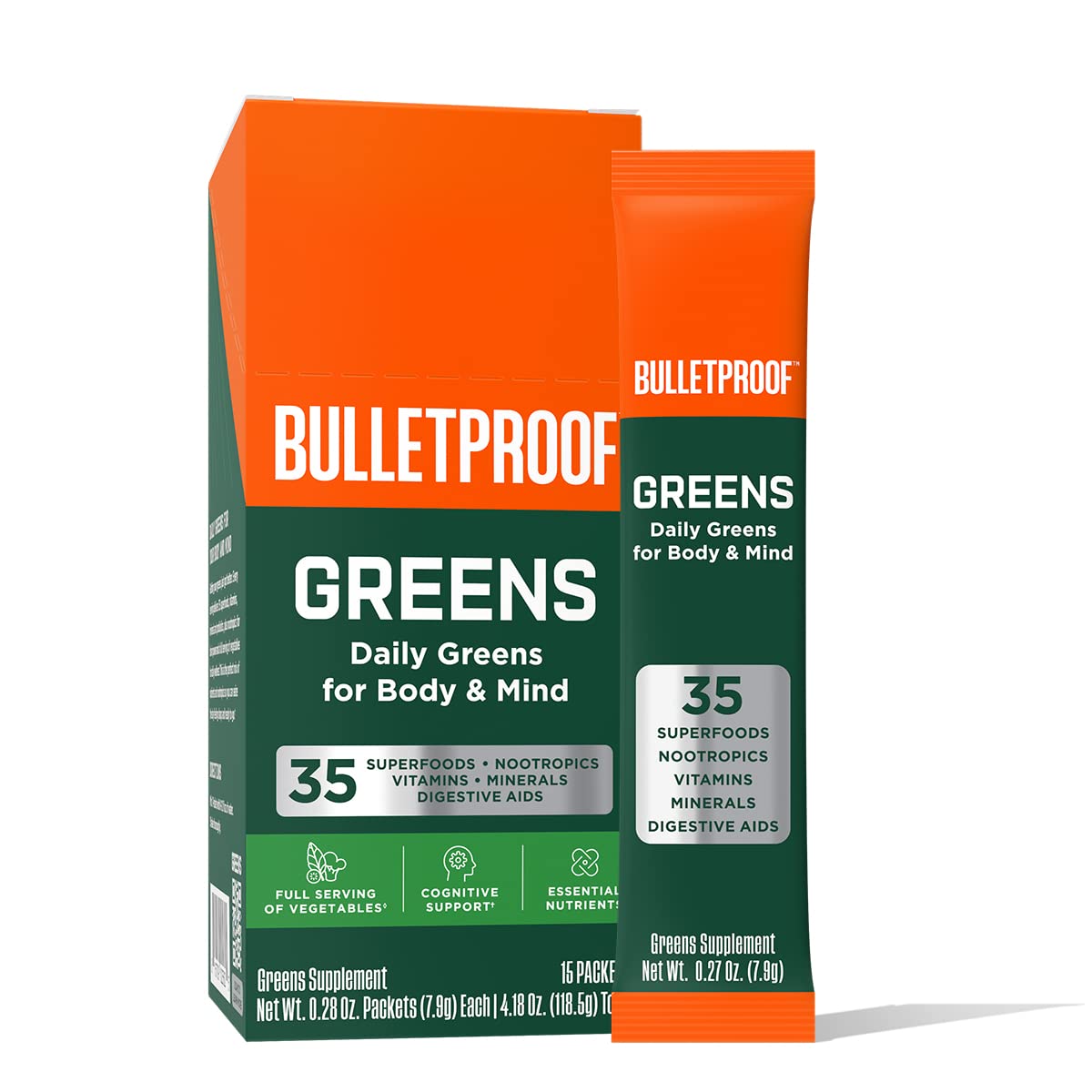 Bulletproof Greens Packets box front for a convenient daily greens routine.