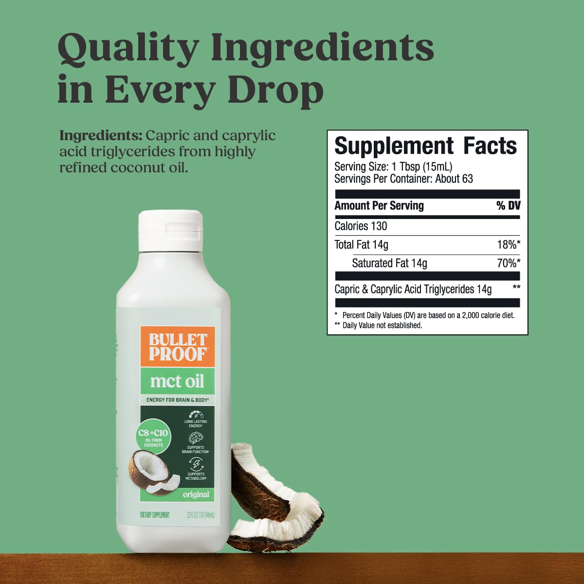 Close-up of Bulletproof MCT Oil from pure coconut origin.