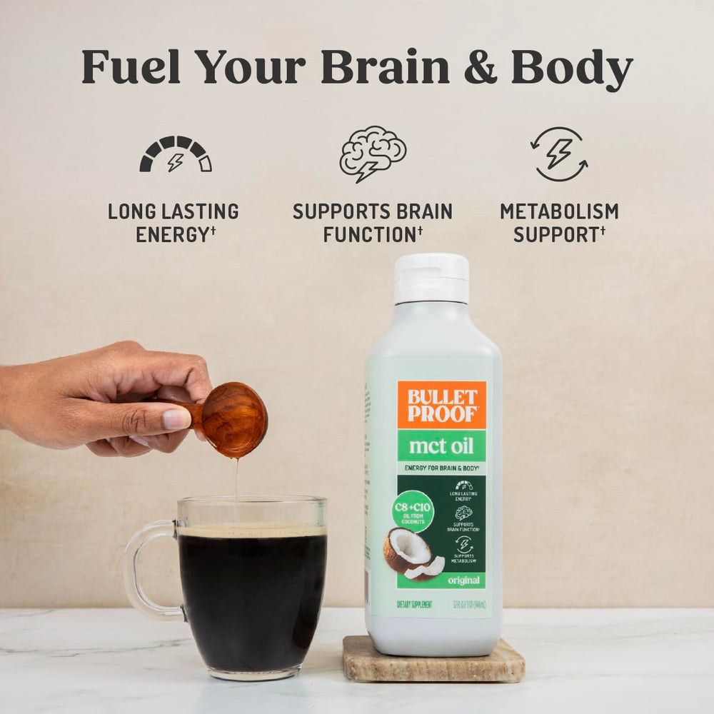 Bulletproof MCT Oil being poured into a cup for easy energy.