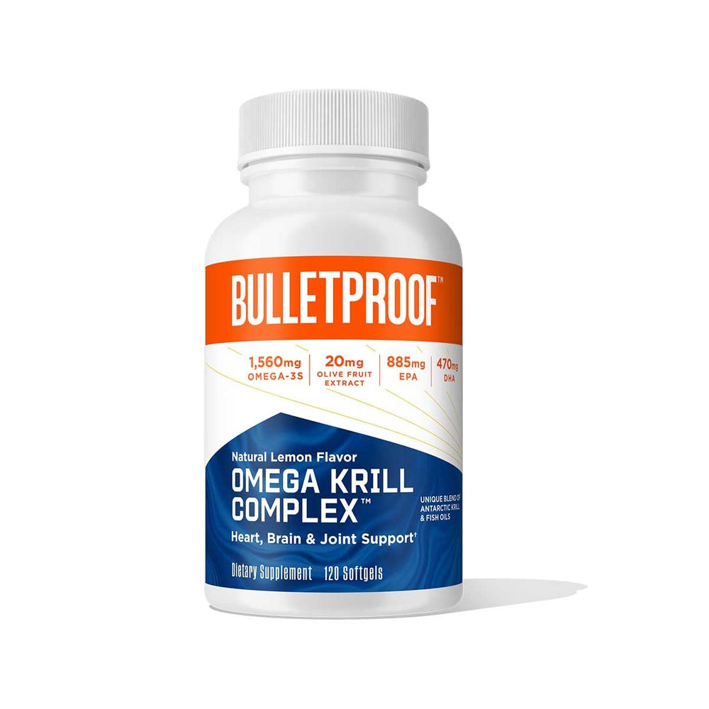 Bulletproof Omega Krill Complex bottle with lemon softgels on a clean surface may support brain health