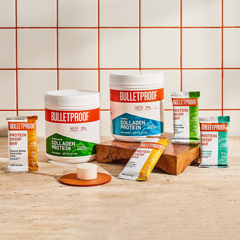 Bulletproof Protein Crisp Bar hero shot suggests versatile snacking anytime.