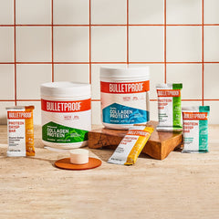 Bulletproof Protein Crisp Bar hero shot suggests versatile snacking anytime.