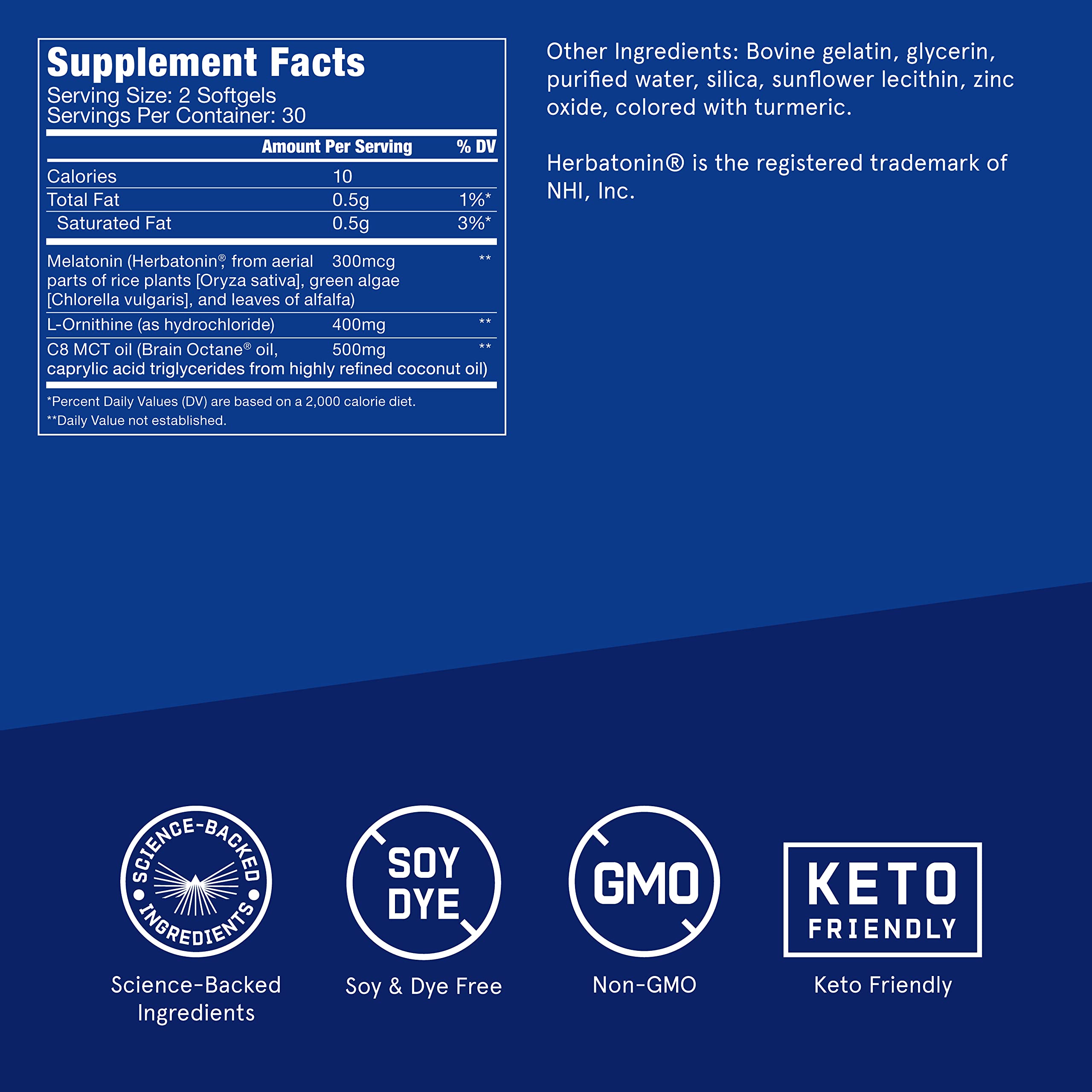 Softgels in hand indicate a two-pill nightly routine.