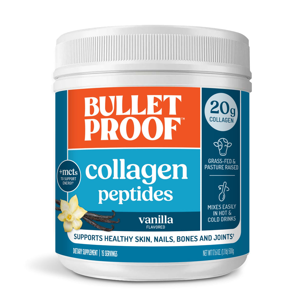 Bulletproof Vanilla Collagen Peptides jar with MCT Oil, daily protein option.