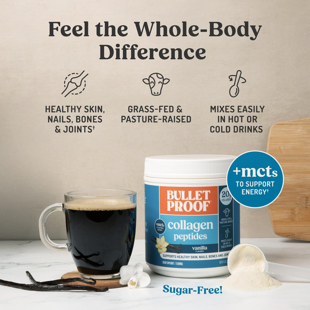 Bulletproof Vanilla Collagen Peptides in smoothie for protein boost.