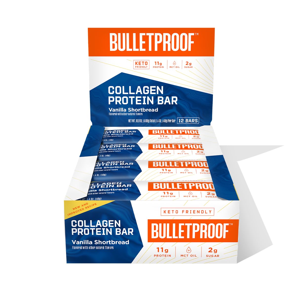 Bulletproof Vanilla Shortbread Bars Pack 12 box front, a convenient keto snack on the go.