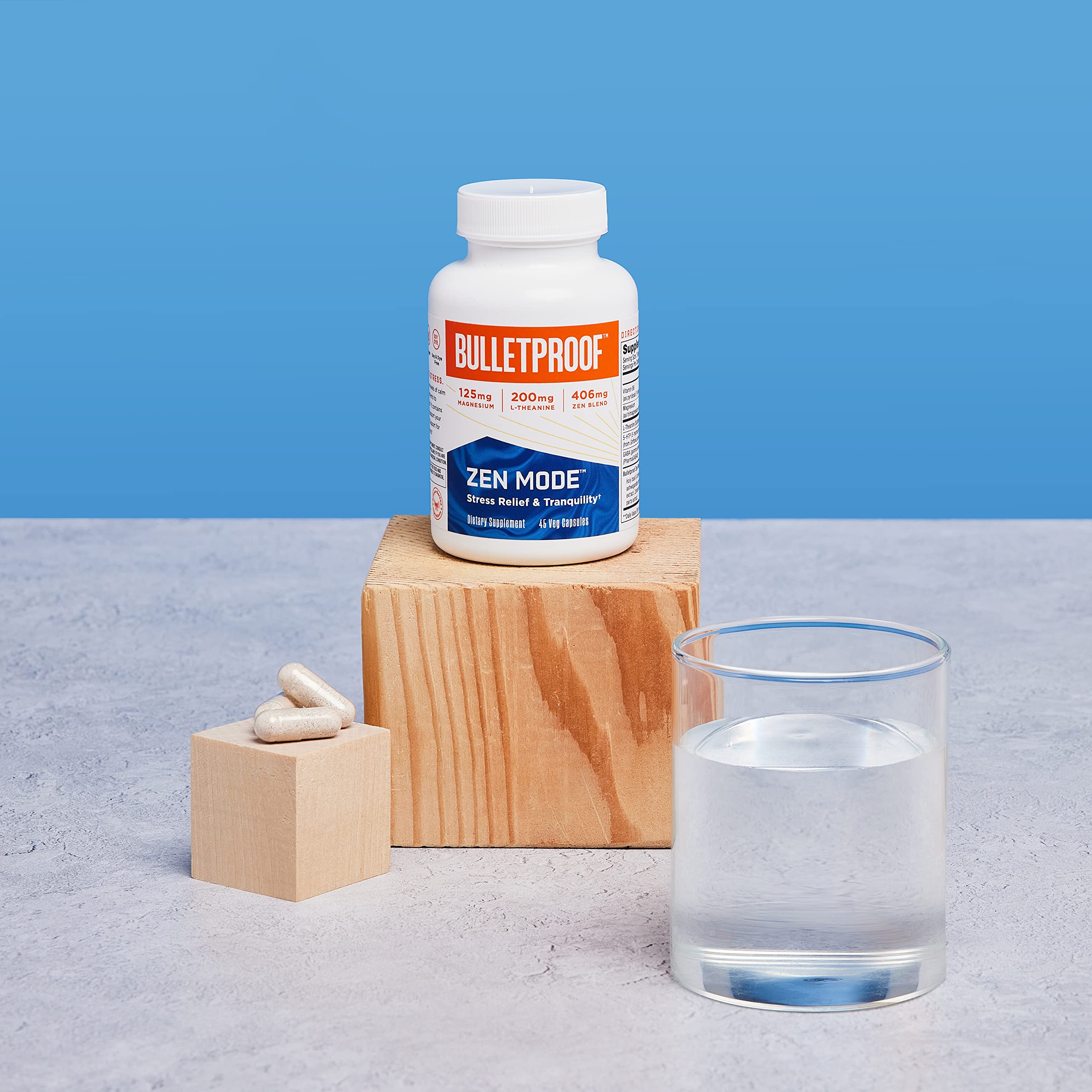 Bulletproof Zen Mode bottle label detailing 45-count calm support