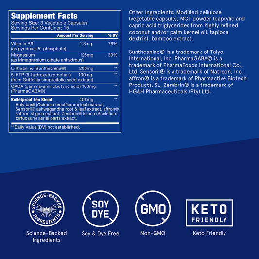 Bulletproof Zen Mode capsules closeup highlighting relaxation ingredients