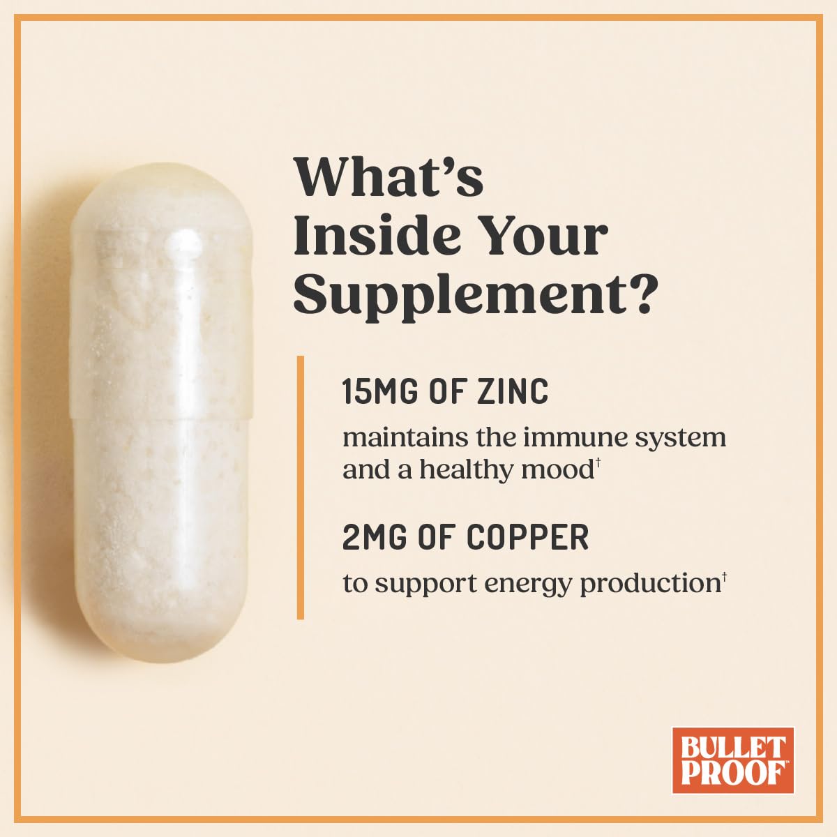Capsules pouring from Bulletproof Zinc with Copper into a glass for easy daily intake