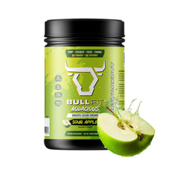 BullFit Bodacious Pre-Workout bottle pouring Pina Colada for crisp focus and sustained energy.