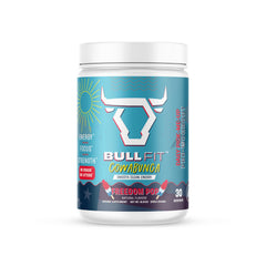 Bullfit Cowabunga pre-workout peach mango scoop shows steady energy support.