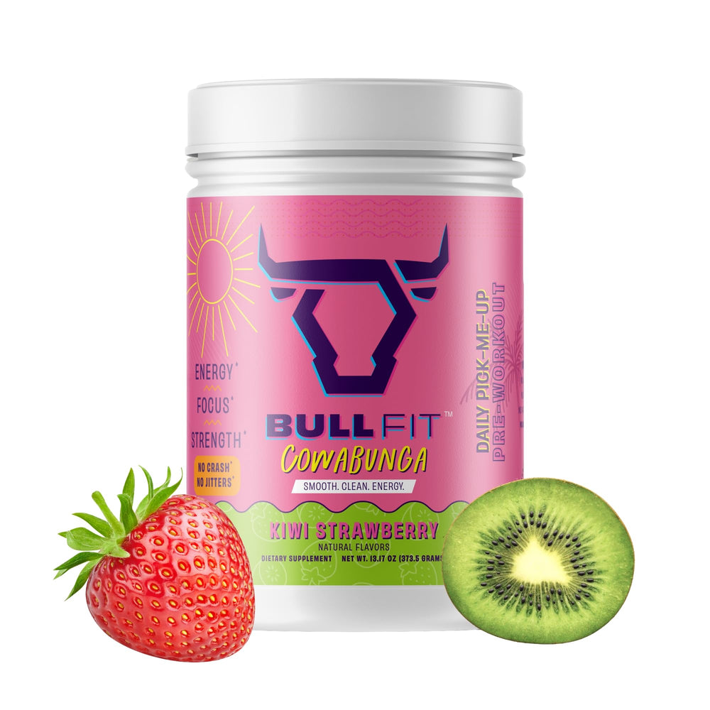 Bullfit Pre Workout Kiwi Strawberry powder scoop highlighting clean energy