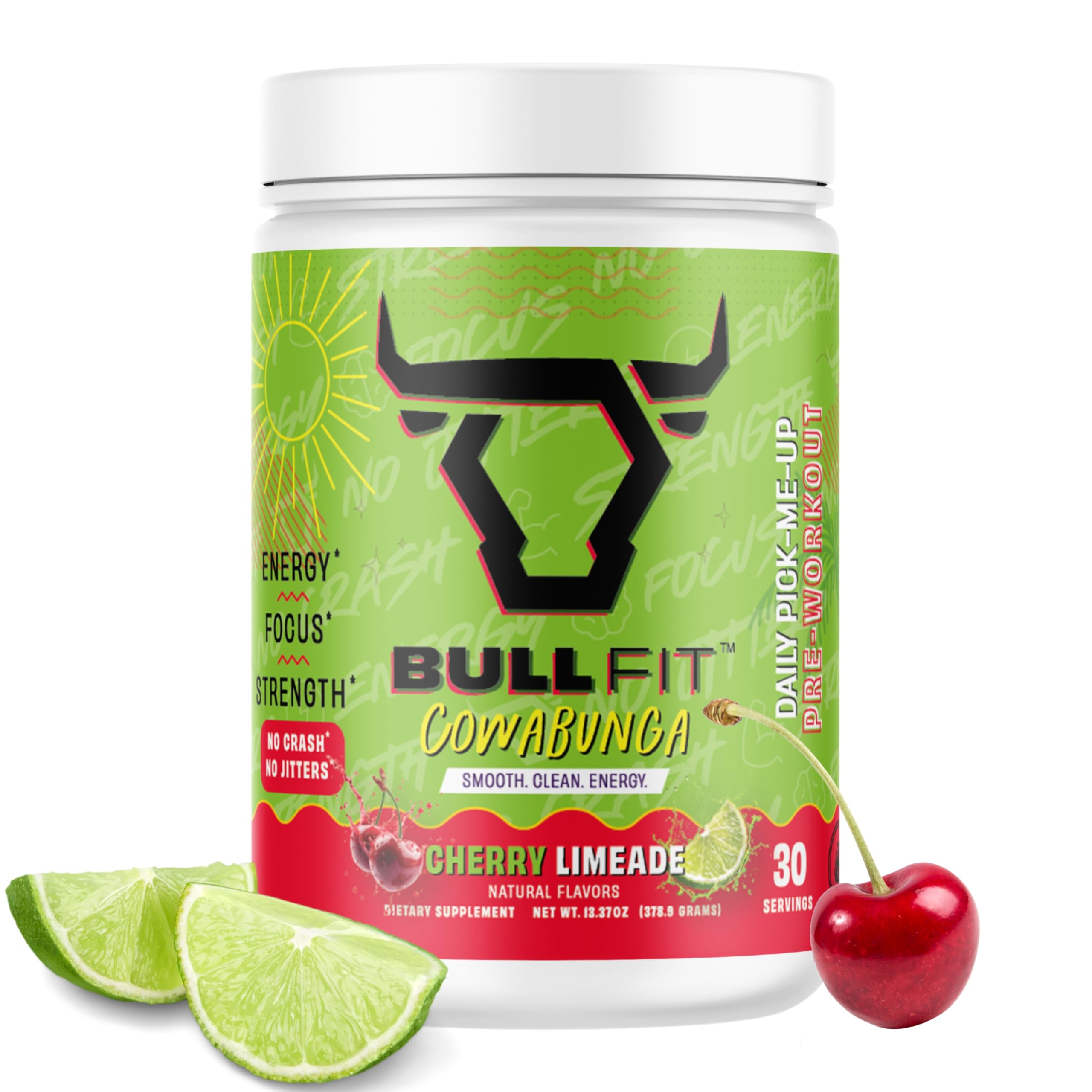 Bullfit pre-workout Peach Mango bottle pouring for clean energy during workouts