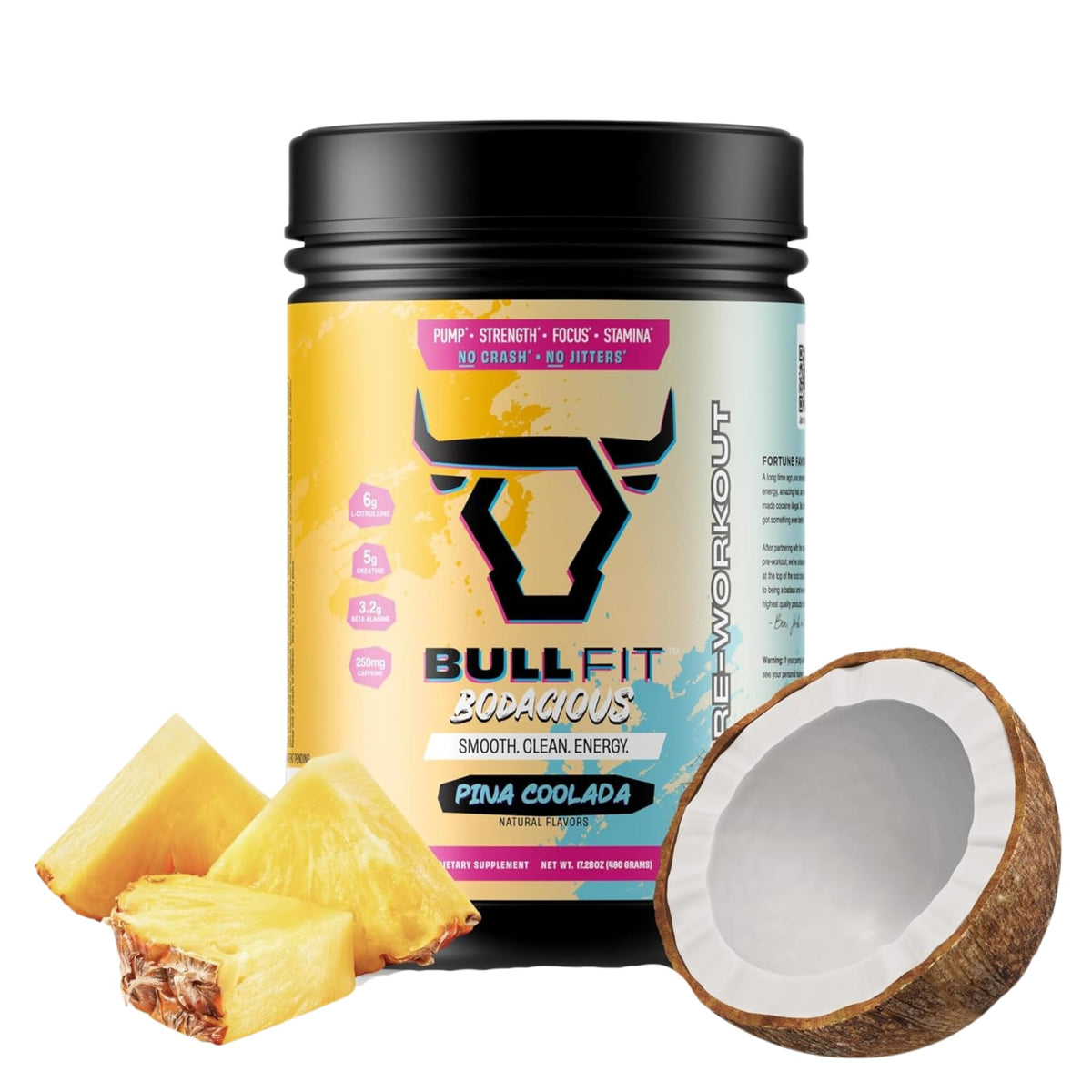 BullFit Pre Workout Pina Colada bottle pour shows tropical energy for workouts.