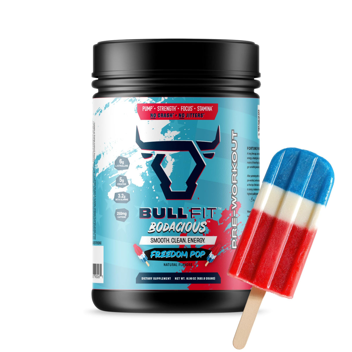 BullFit Bodacious Pre Workout Pina Coolada tub showing tropical flavor and energy boost.