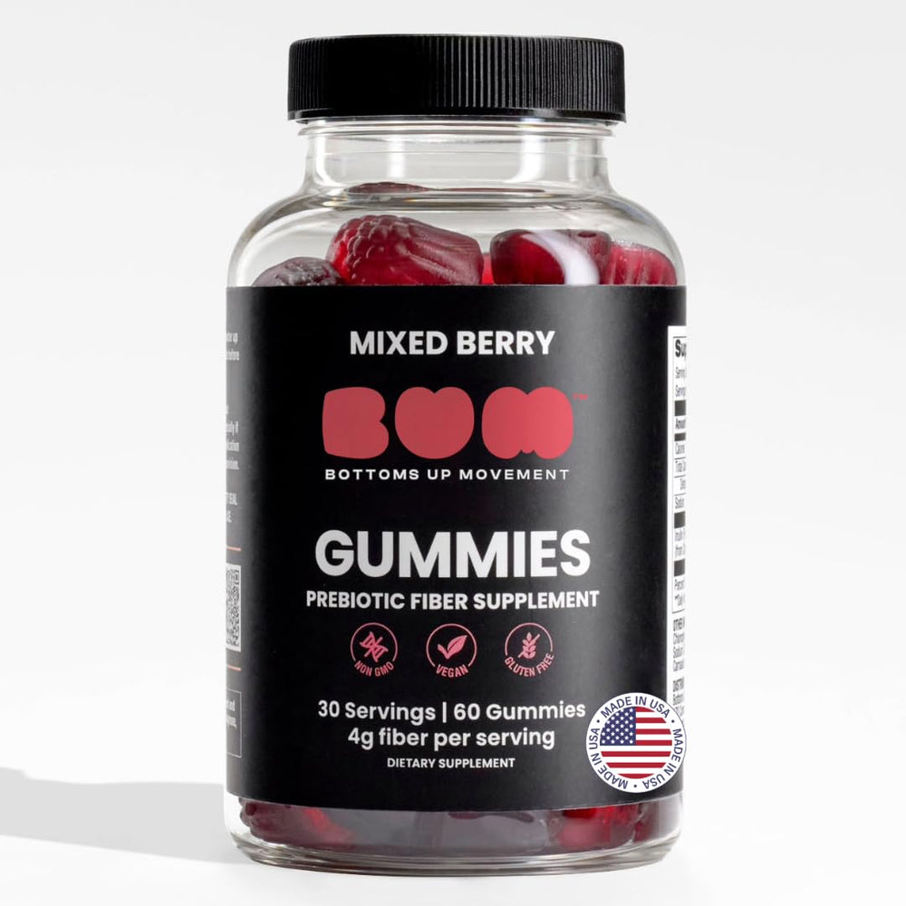 BUM prebiotic gummies bottle with mixed berry flavor for gut balance