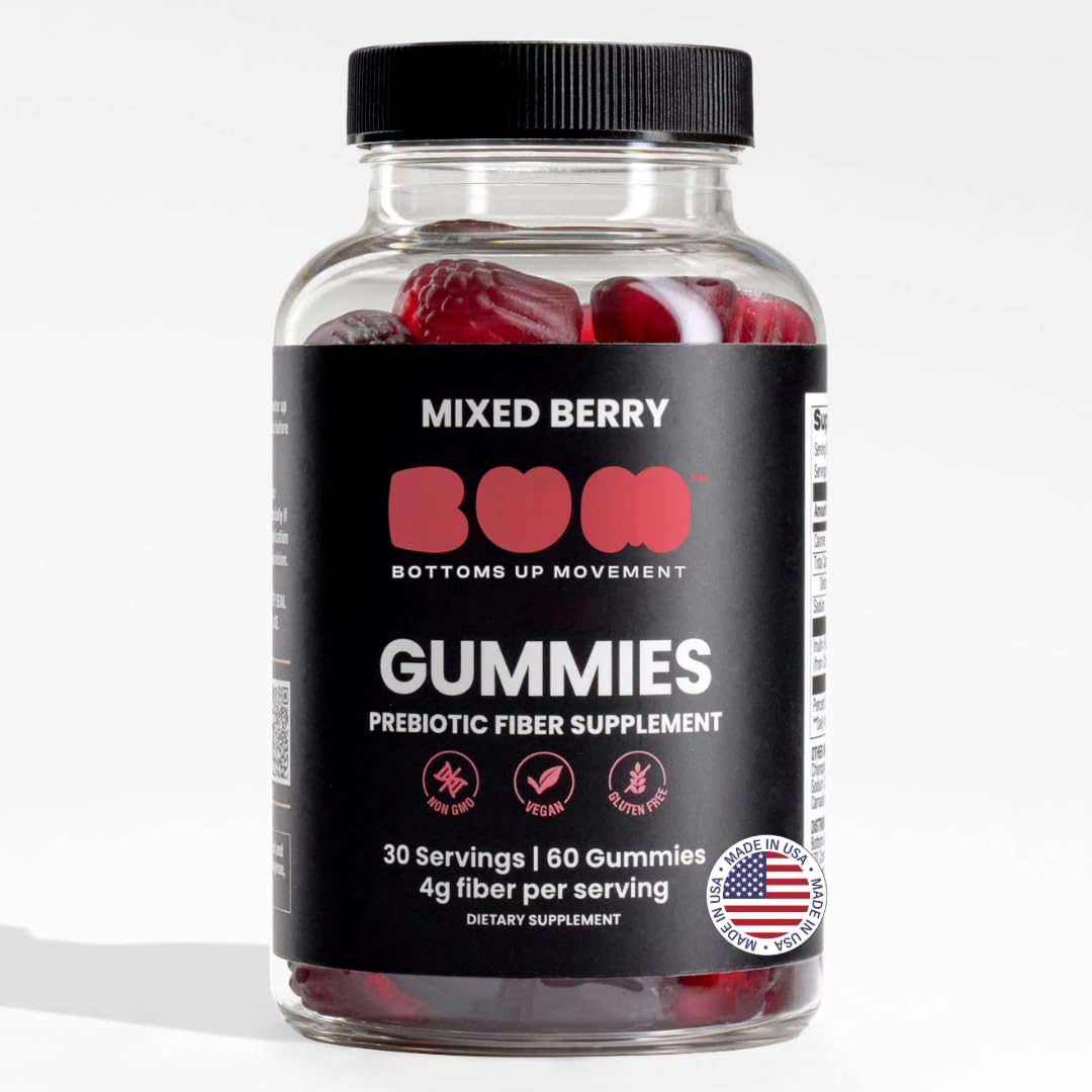 BUM prebiotic gummies bottle with mixed berry flavor for gut balance