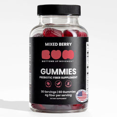 BUM prebiotic gummies bottle with mixed berry flavor for gut balance