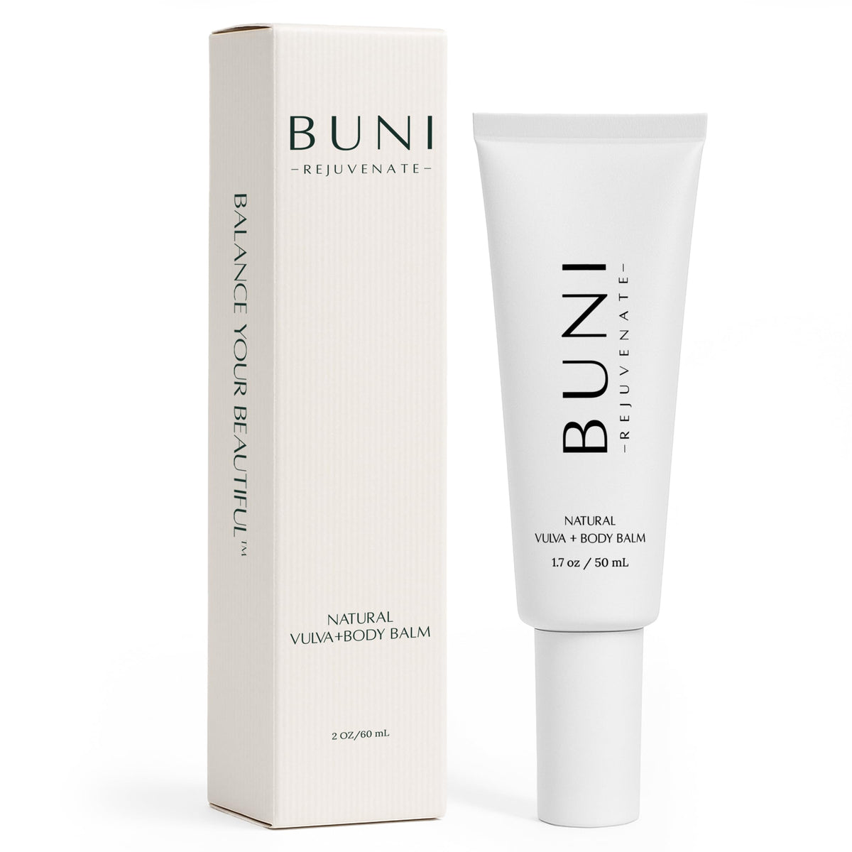 BUNI Balance Your Beautiful vulva balm in airless pump for precise, mess-free external care.