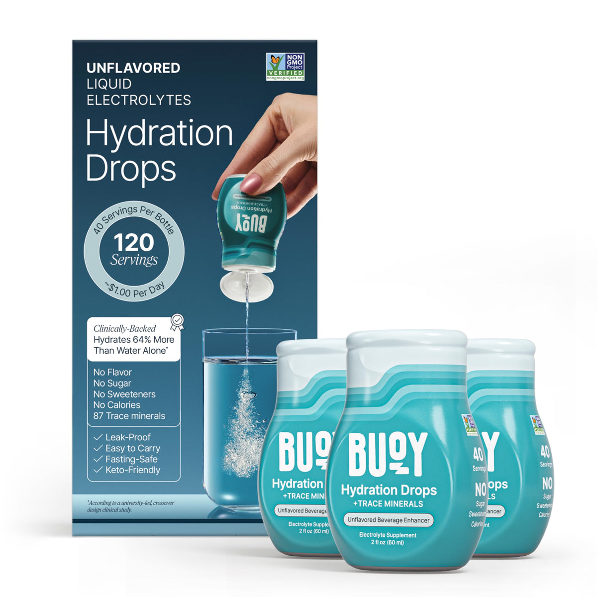 Buoy Electrolyte Drops bottle shown for on-the-go hydration with no sugar