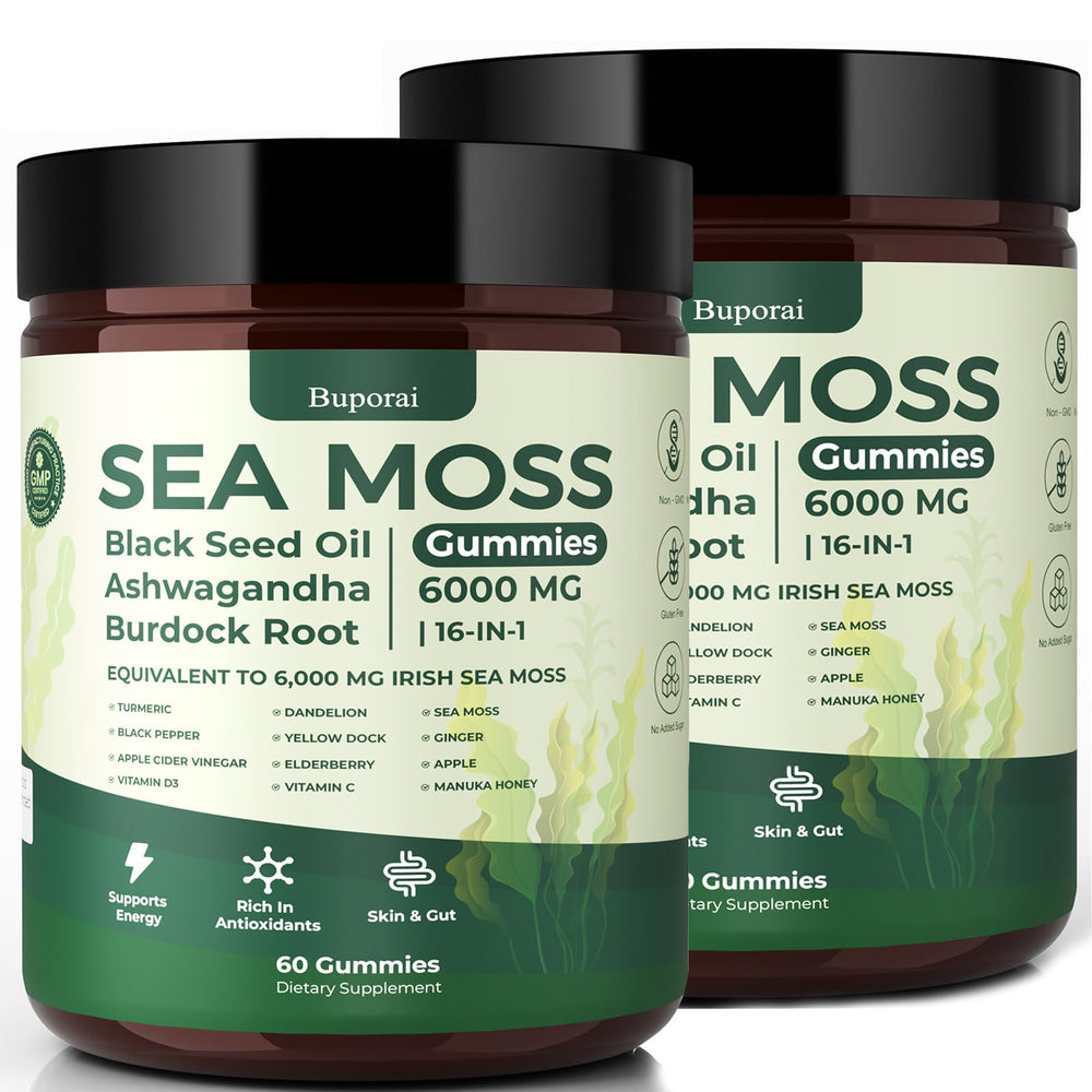 Buporai Sea Moss Gummies bottle offering a convenient daily wellness boost