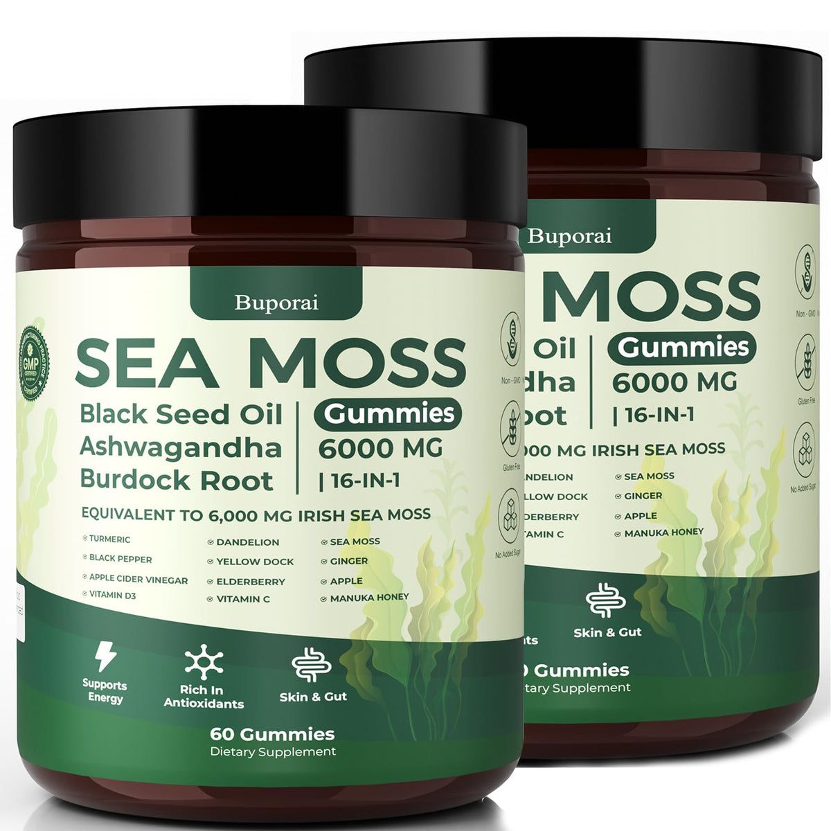 Buporai Sea Moss Gummies bottle offering a convenient daily wellness boost