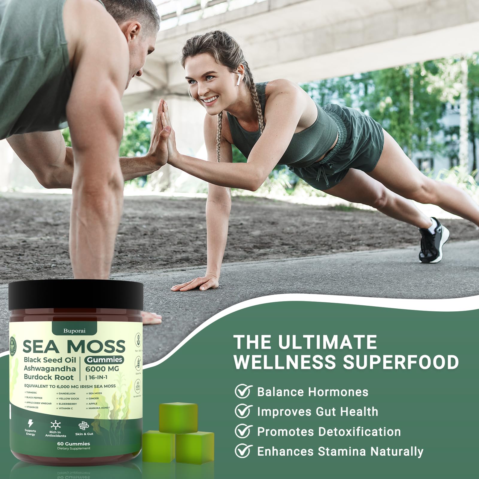 Buporai Sea Moss Gummies non-GMO, gluten-free and dairy-free with no artificial colors