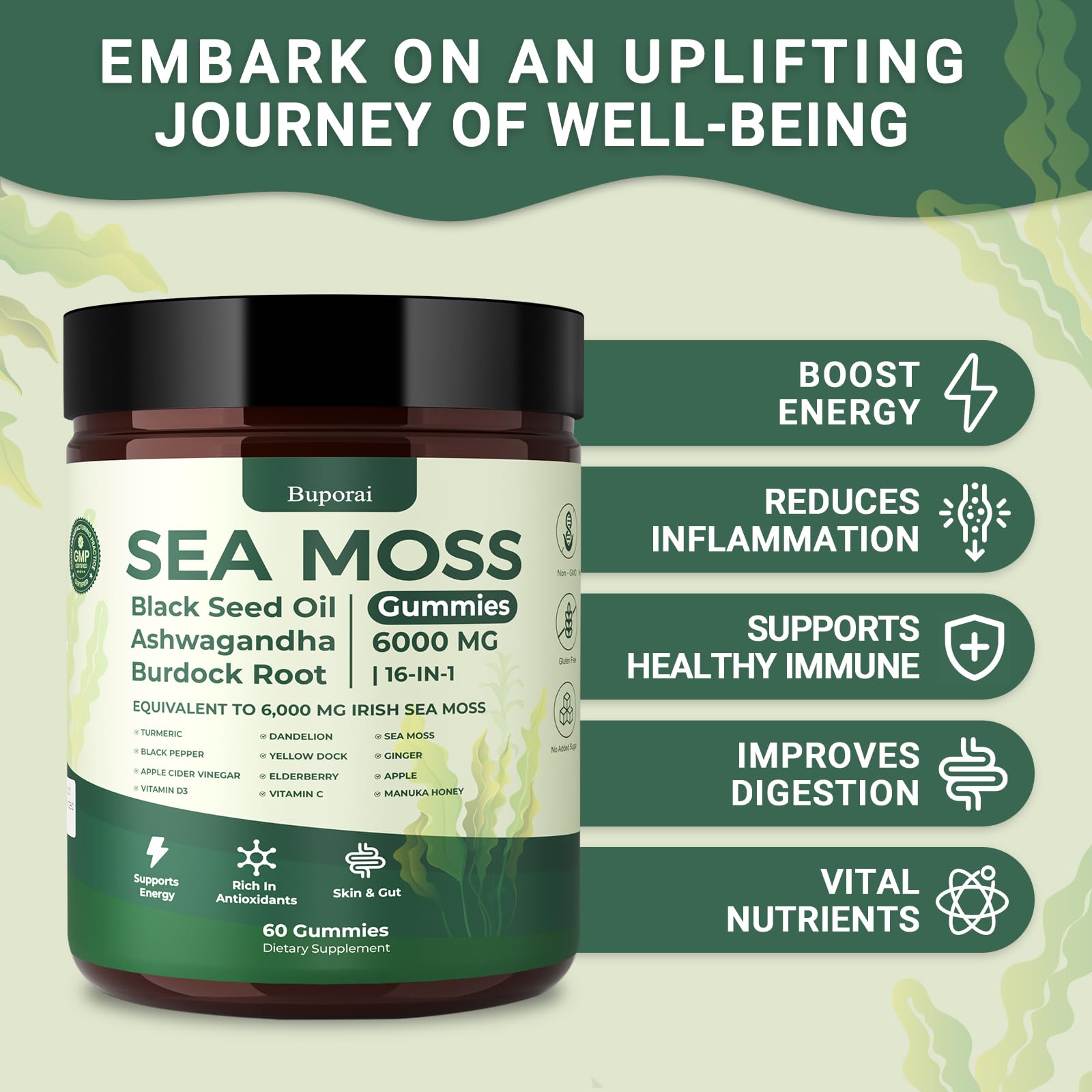 Buporai Sea Moss Gummies with Irish Sea Moss extract rich in minerals