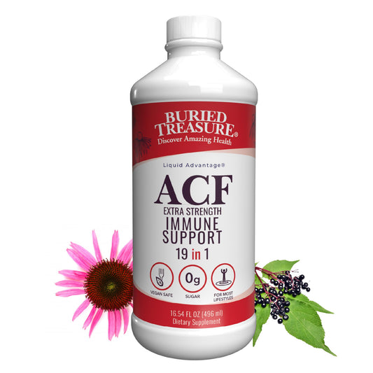 Buried Treasure ACF Extra Strength liquid immune bottle ready for easy short-term support.