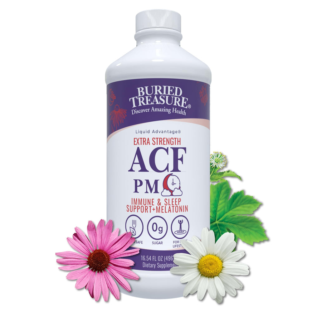 Buried Treasure ACF Extra Strength PM bottle for nighttime immune support.