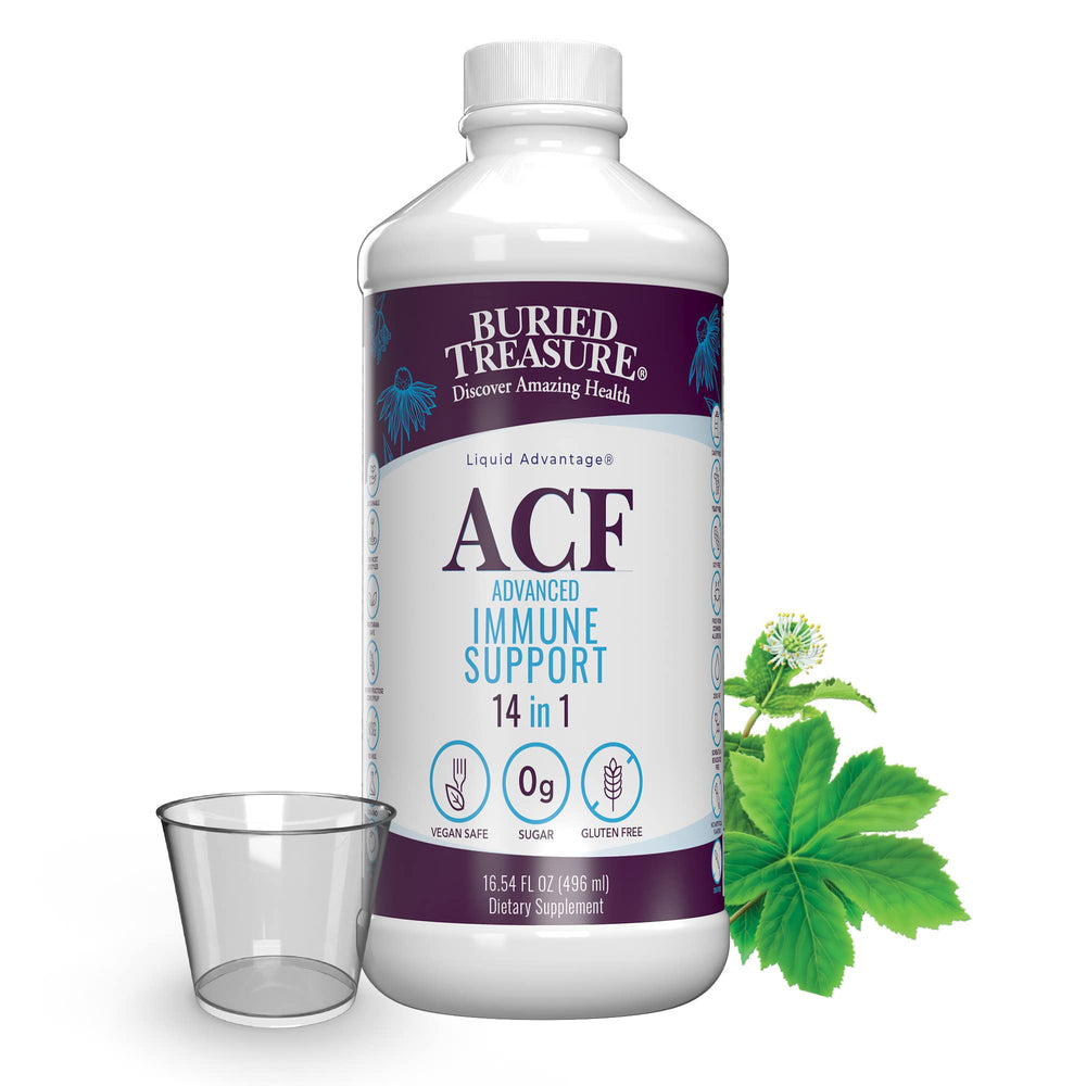Buried Treasure ACF immune bottle shows the liquid supplement for daily immune support