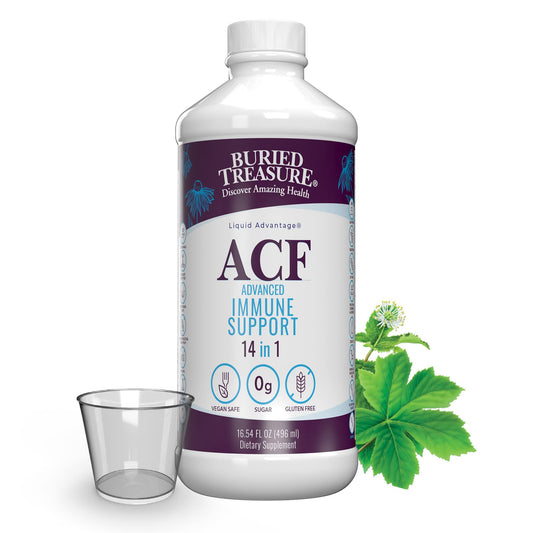 Buried Treasure ACF immune bottle shows the liquid supplement for daily immune support