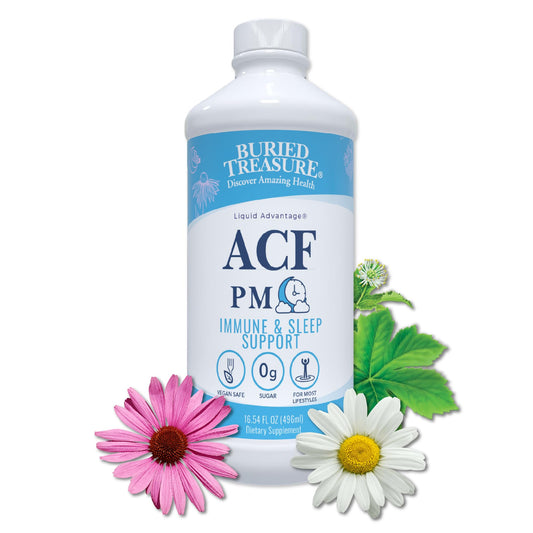 Buried Treasure ACF PM bottle label highlighting nighttime immune support benefits.