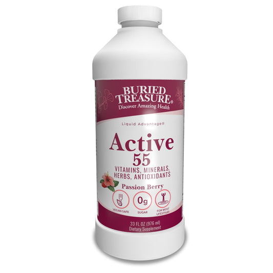 Buried Treasure Active 55 Plus bottle showing vegan liquid multivitamin for daily seniors’ wellness.