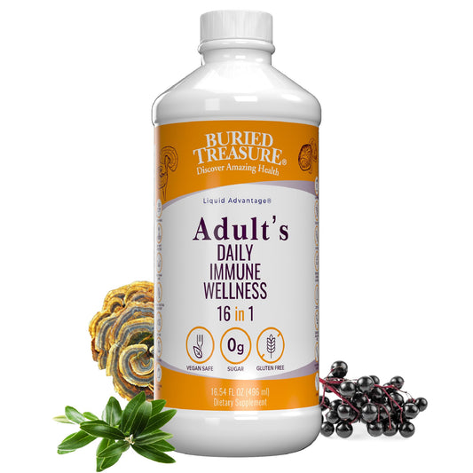 Buried Treasure Adult Daily Immune Wellness bottle pour for easy daily immune support