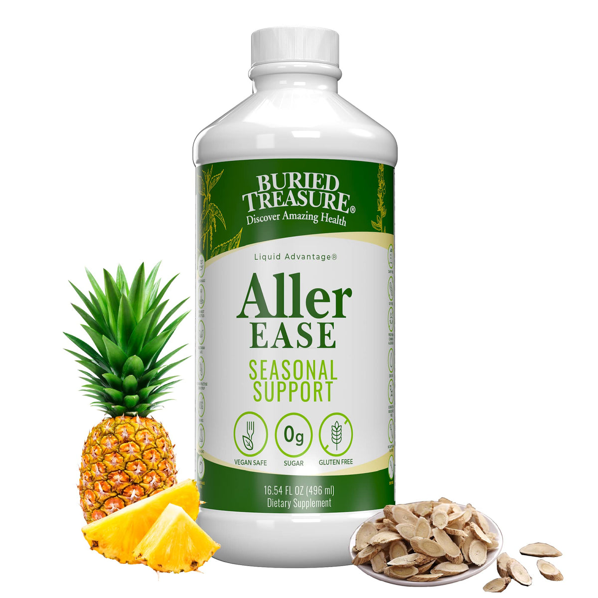 Buried Treasure Aller Ease bottle front for non-drowsy respiratory support in daily life