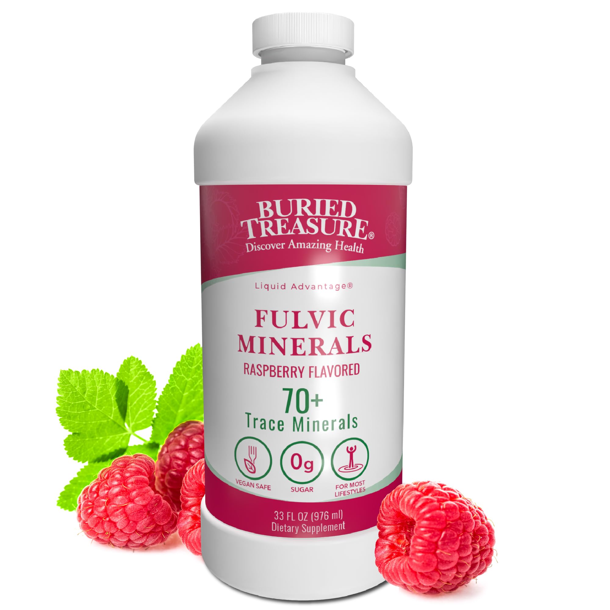 Buried Treasure Fulvic Mineral Complex bottle with raspberry flavor for daily hydration