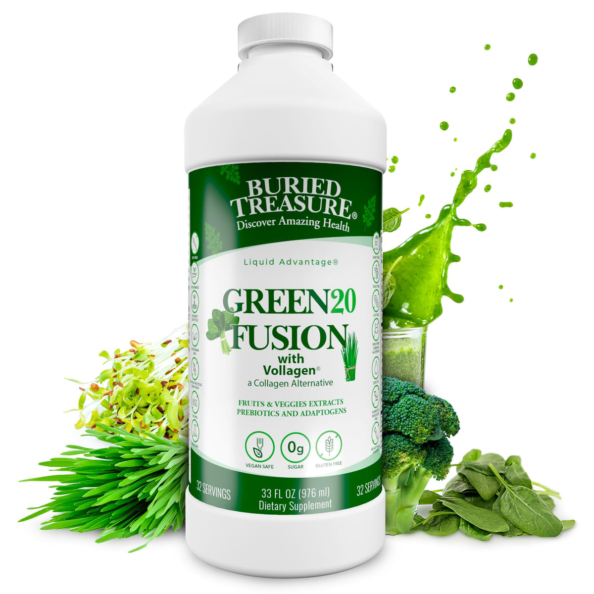 Buried Treasure Green20 Fusion bottle pouring for daily greens on the go.
