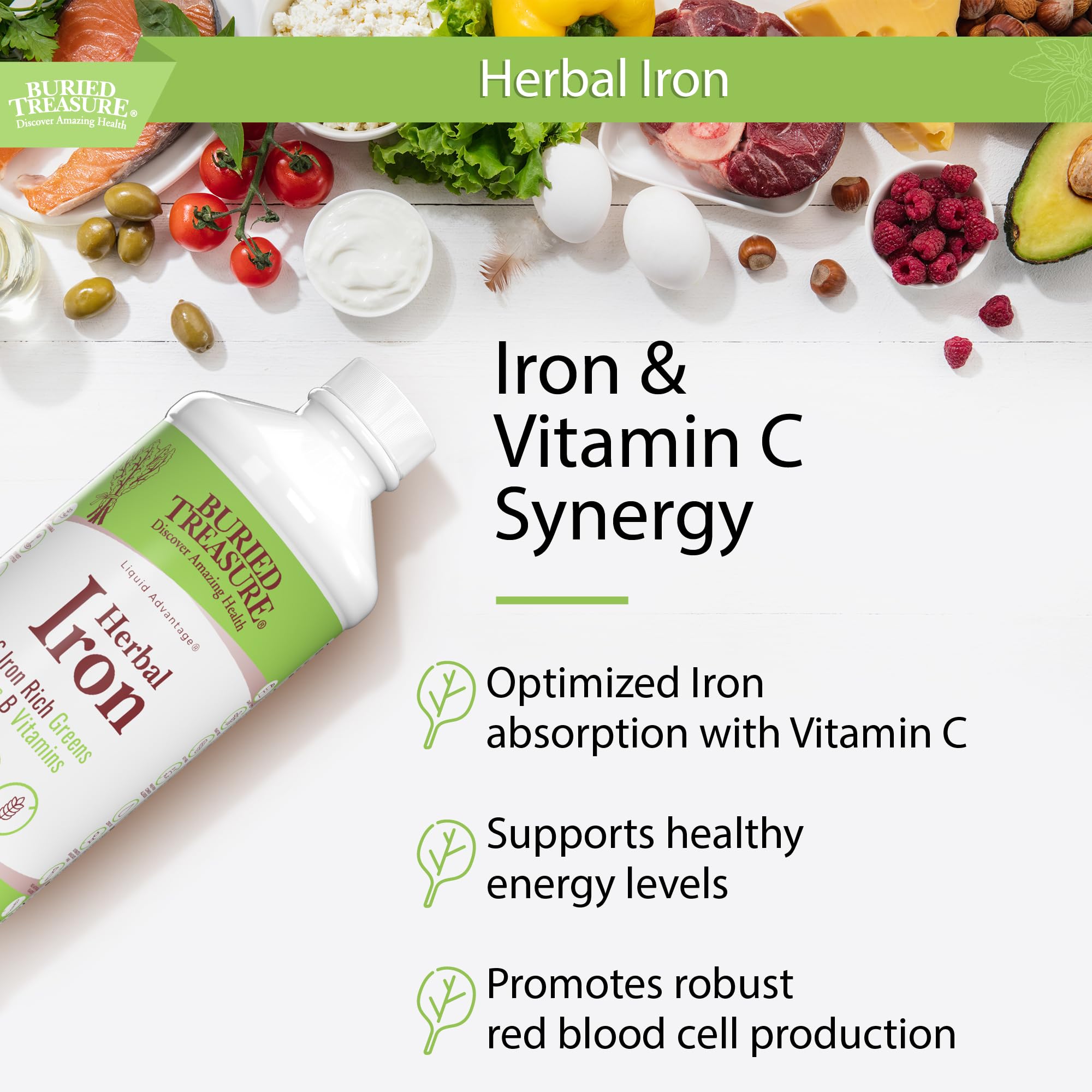 Buried Treasure Herbal Iron ingredients like Baobab and Spinach displayed for nutrient-rich greens.