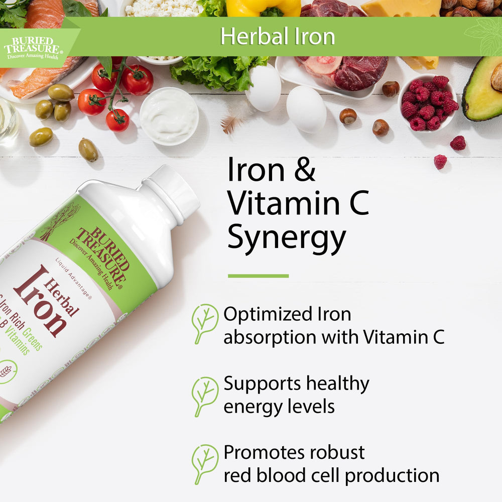 Buried Treasure Herbal Iron ingredients like Baobab and Spinach displayed for nutrient-rich greens.