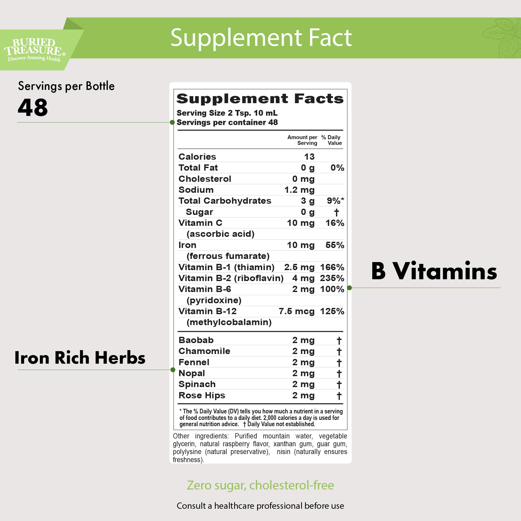 Buried Treasure Herbal Iron label close-up highlighting the vitamin blend.